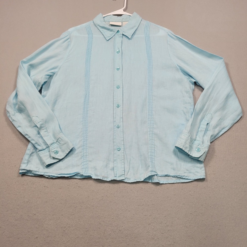 Liz Claiborne Womens Blue 100% Linen Long Sleeve Button Up Shirt 16 REMU7128